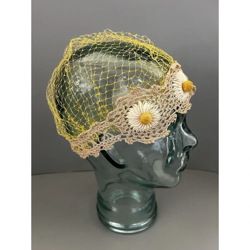 Vintage Crochet Daisies Net Daisy Hat Cap Flapper Deco Hippie Boho